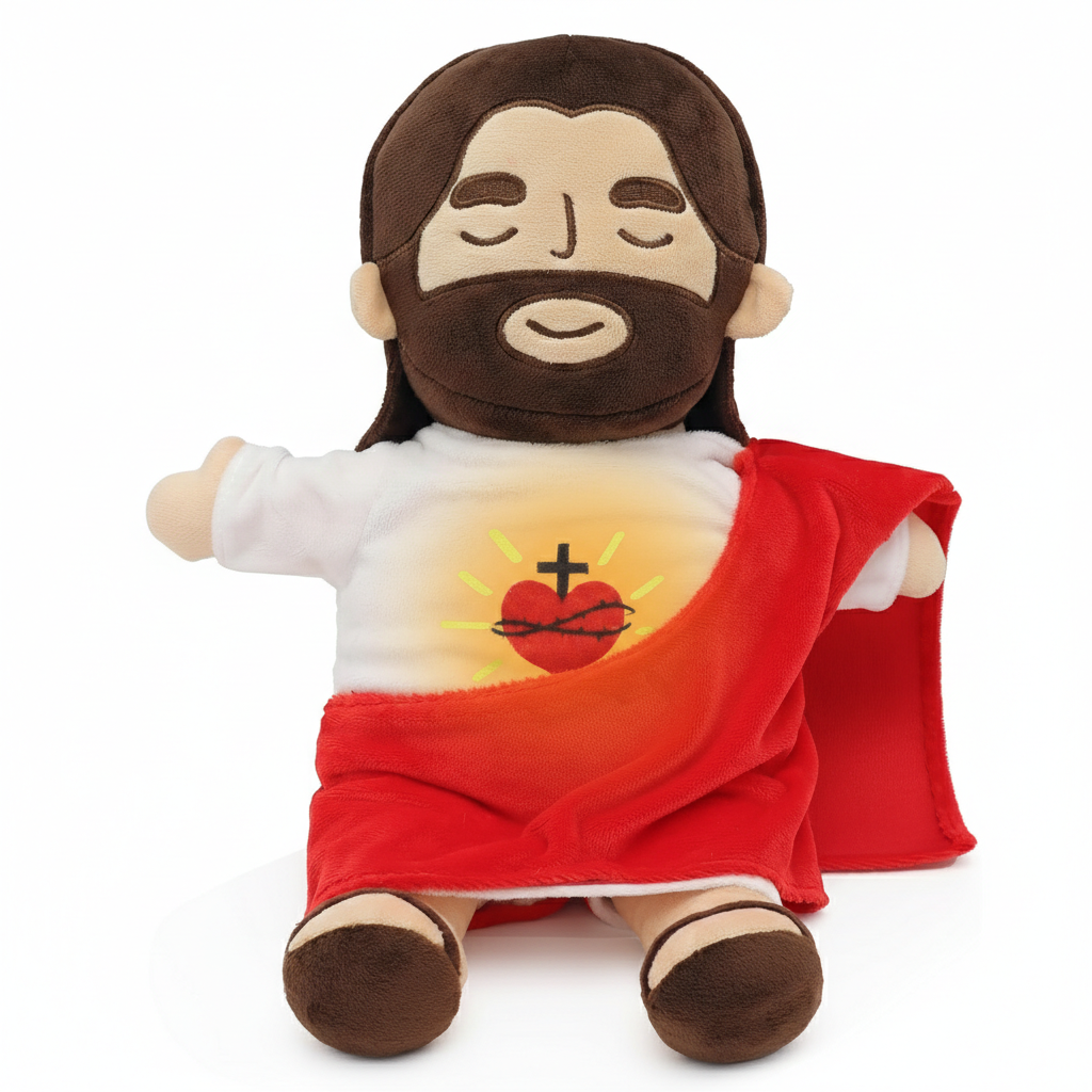 Jesus Savior Plush Doll with Sacred Heart Design, Gentle Breathing Sound & Ultra-Soft Washed Cotton Comfort Toy